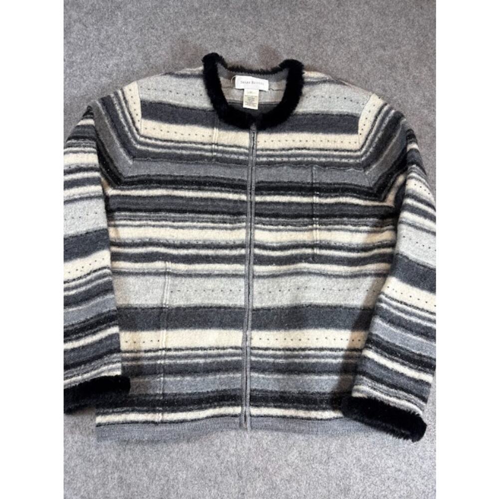 VTG Susan Bristol Hand Embroidered Wool Cardigan Womens M Striped Neutral Cozy - Picture 2 of 9
